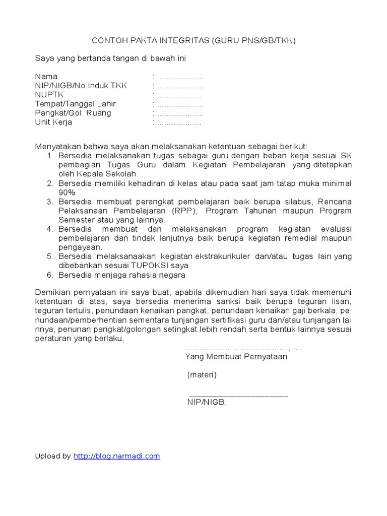 Contoh Surat Pakta Integritas Guru