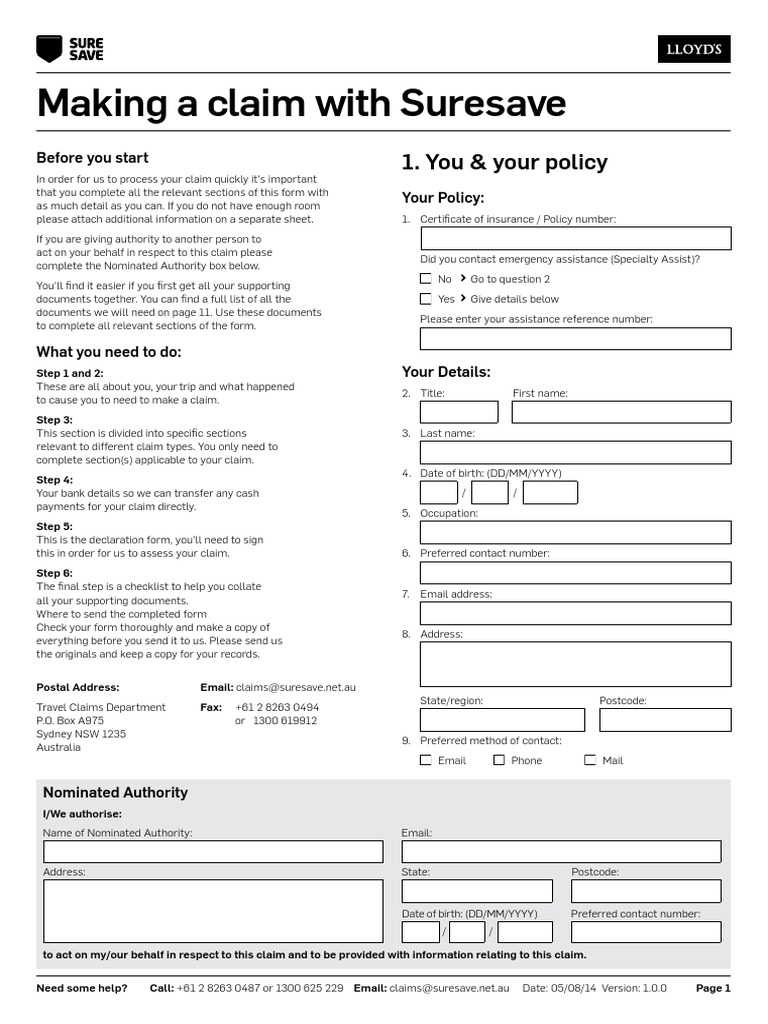SureSave Claim Form Credit Card Cheque
