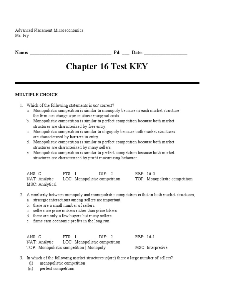 184698494 Mankiw Chapter 16 Answer Key Perfect Competition Monopoly