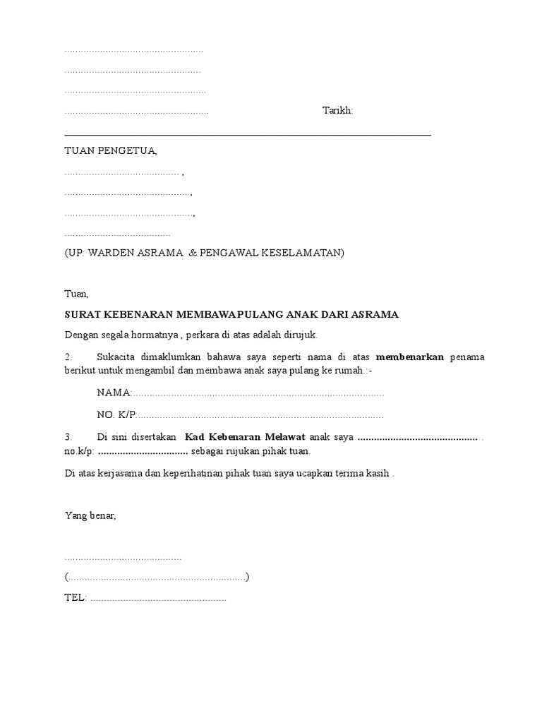 Contoh Surat Kebenaran Bawa Anak Pulang Asrama Pdf
