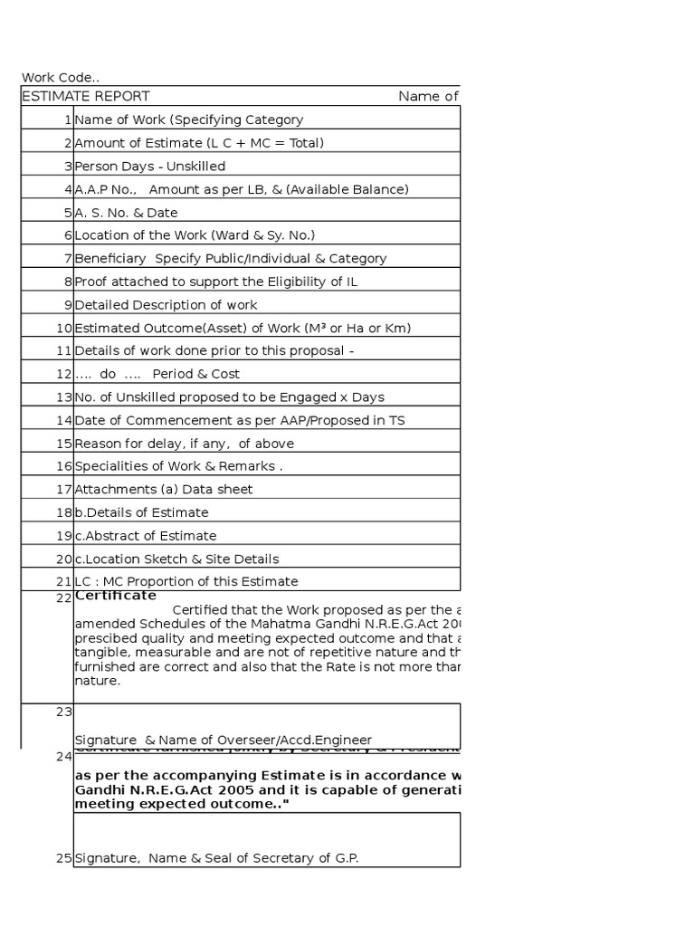 NREGA Estimate Report Overview | PDF | Labour | Business