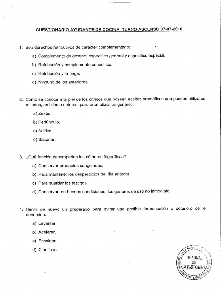 Test Ayudante Cocina Extremadura 2016 | PDF