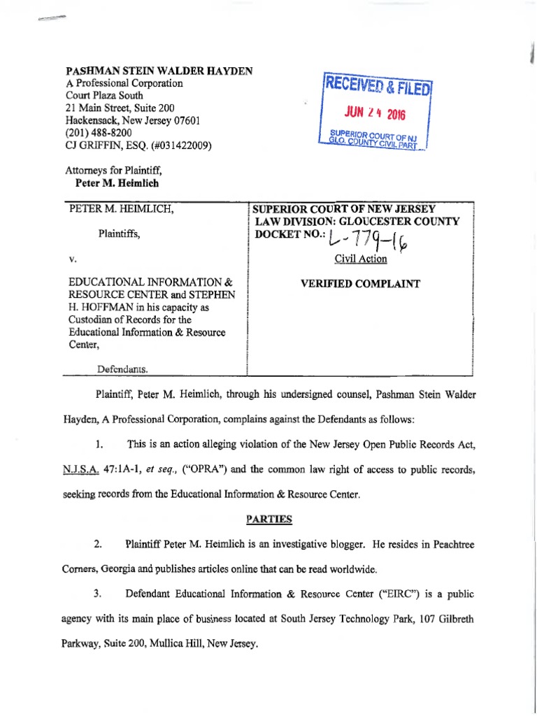 6/24/16 Heimlich v EIRC Lawsuit Filed in NJ #39 s Gloucester County Superior Court For Non