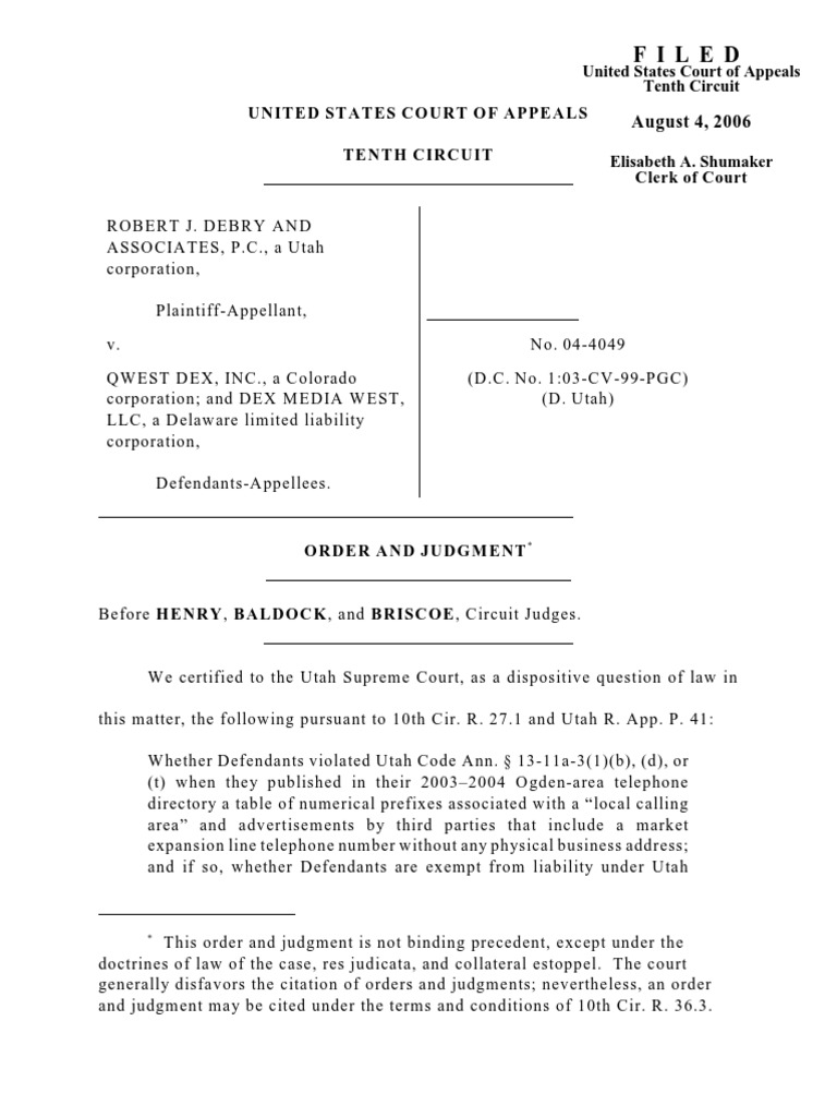 Robert J. DeBry & v. Qwest Dex, Inc., 10th Cir. (2006) | PDF | Social ...