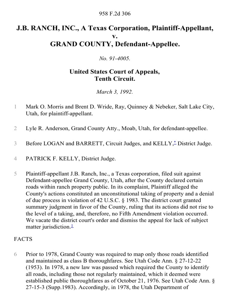 J.B. Ranch, Inc., A Texas Corporation v. Grand County, 958 F.2d 306 ...