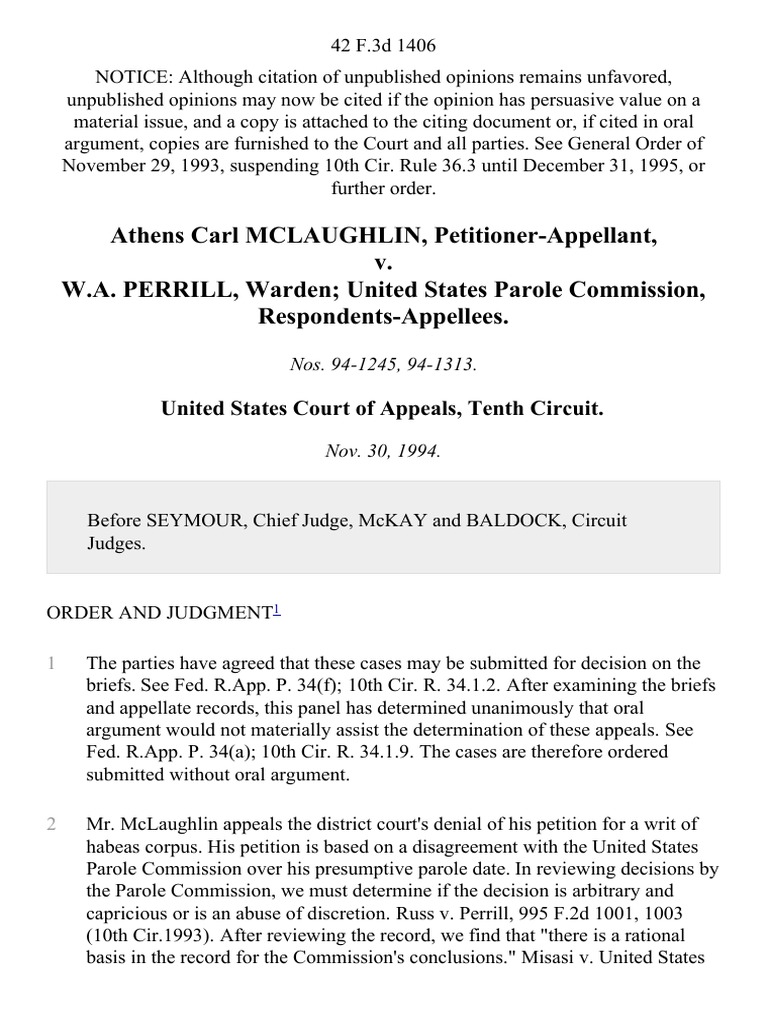 Athens Carl Mclaughlin V W A Perrill Warden United States Parole Commission 42 F 3d 1406 10th Cir 1994 Non Publication Of Legal Opinions In The United States Judgment Law