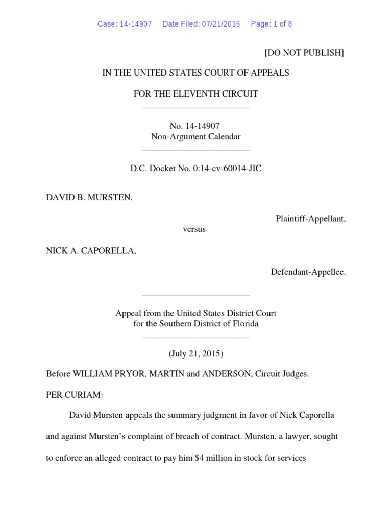 David B. Mursten v. Nick A. Caporella, 11th Cir. (2015) | PDF | Summary  Judgment | Lawyer