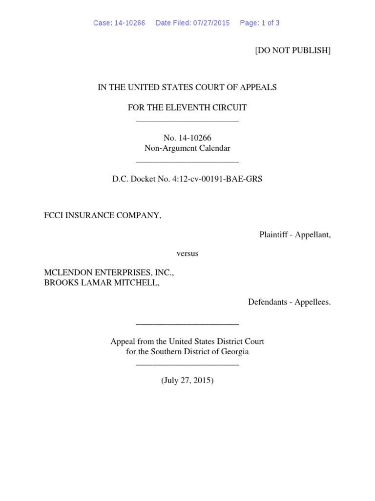 FCCI Insurance Company v. McLendon Enterprises, Inc., Etl, 11th Cir