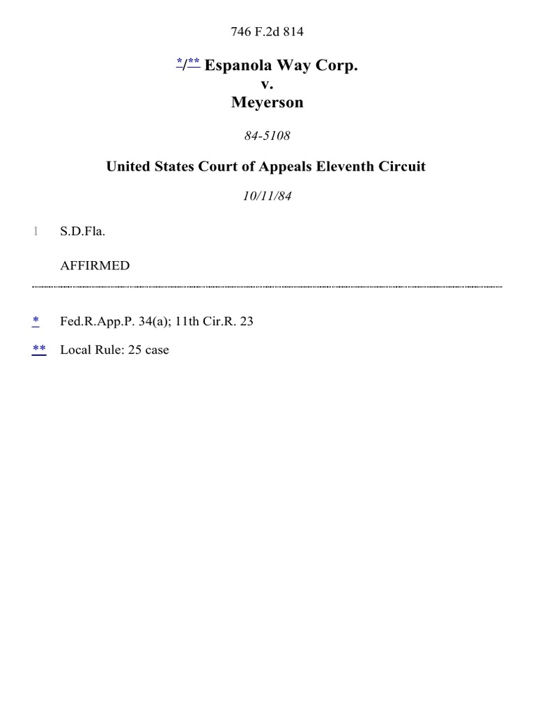 Espanola Way Corp. v. Meyerson, 746 F.2d 814, 11th Cir. (1984) PDF