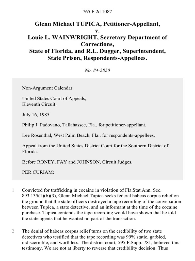 Glenn Michael Tupica v. Louie L. Wainwright, Secretary Department of