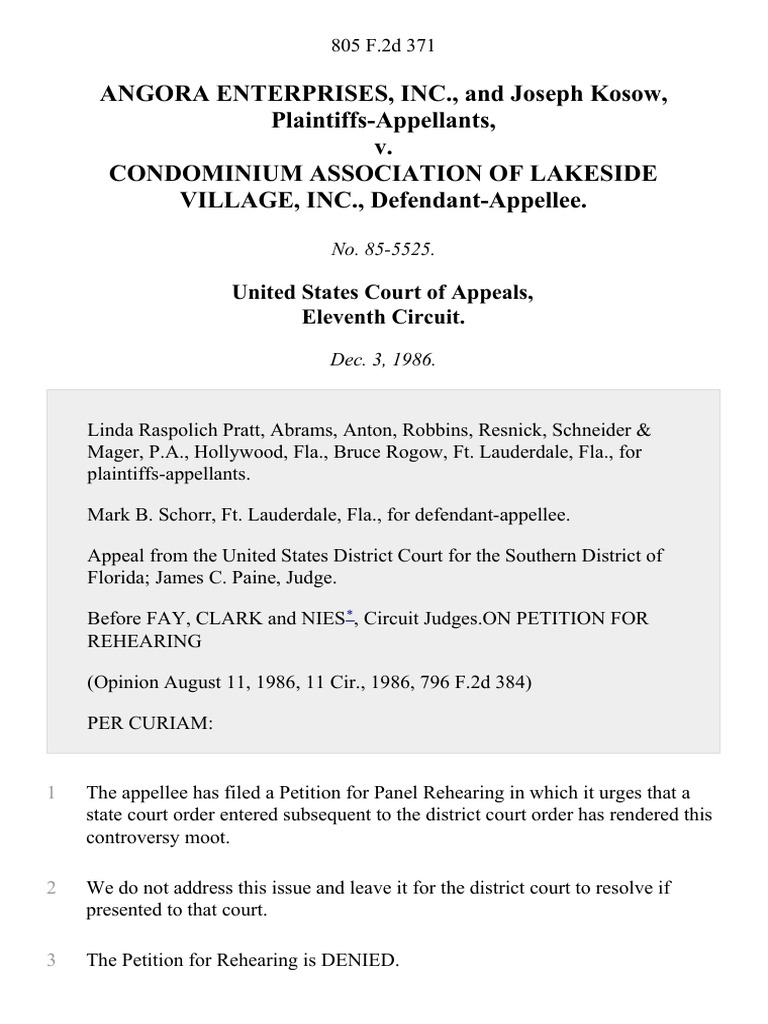 Angora Enterprises, Inc., and Joseph Kosow v. Condominium Association ...