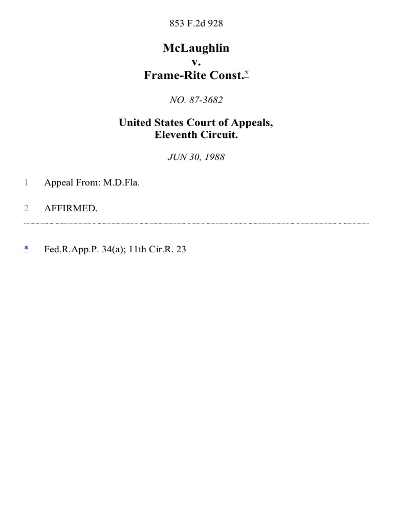McLaughlin v. Frame-Rite Const., 853 F.2d 928, 11th Cir. (1988) | PDF