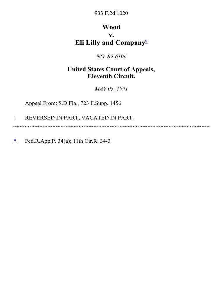 Wood v. Eli Lilly and Company, 933 F.2d 1020, 11th Cir. (1991) PDF