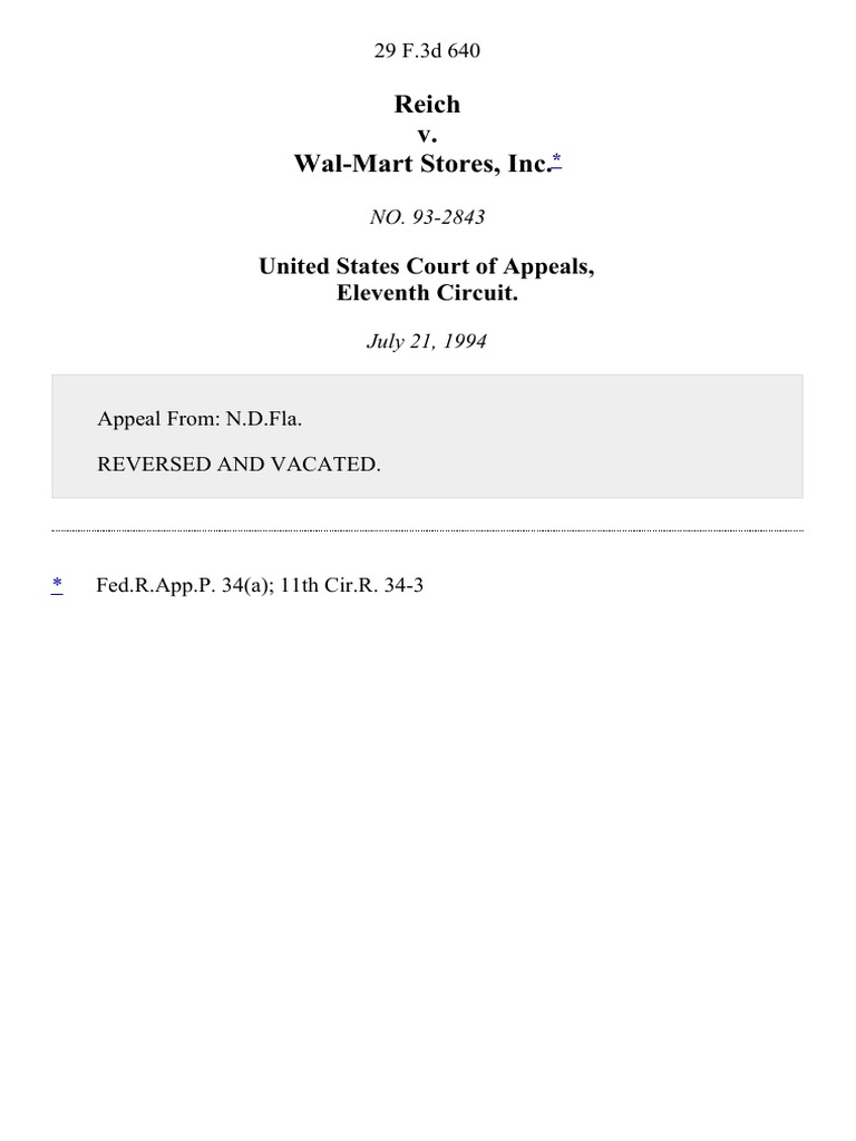 Reich v. WalMart Stores, Inc., 29 F.3d 640, 11th Cir. (1994) PDF