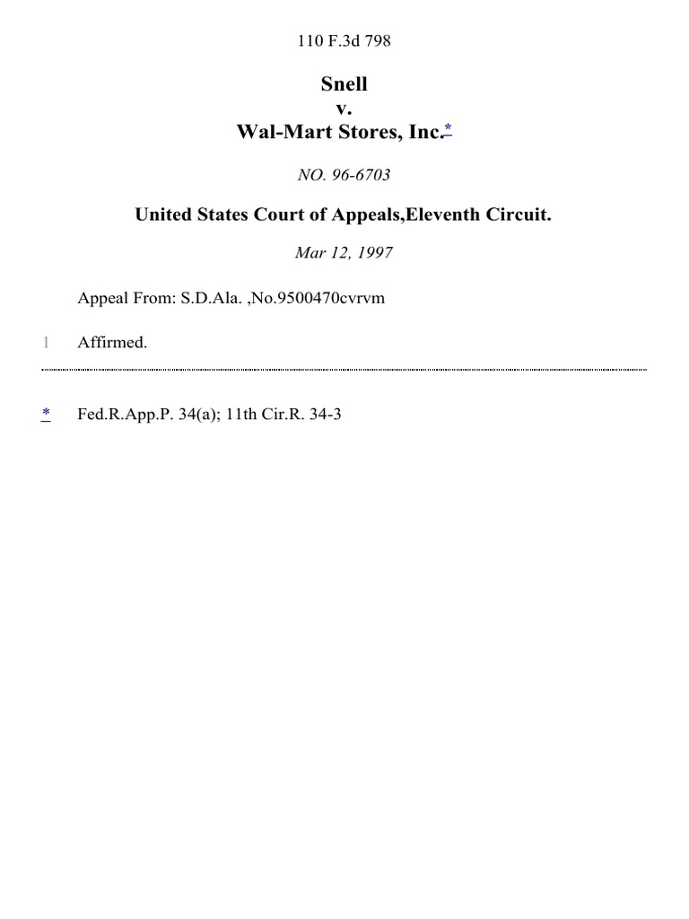 Snell v. Wal-Mart Stores, Inc., 110 F.3d 798, 11th Cir. (1997) | PDF