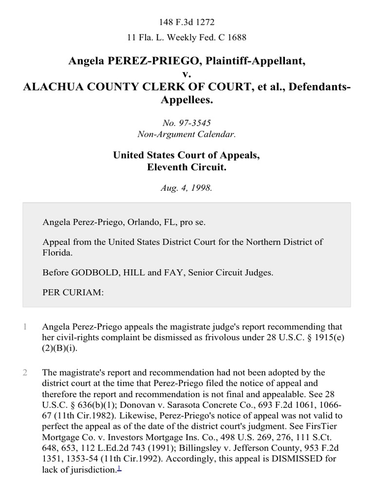 Angela Perez Priego v Alachua County Clerk of Court 148 F 3d 1272 Angela Perez Priego v Alachua County Clerk of Court 148 F 3d 1272