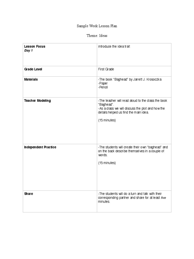 One Week Lesson Plan PDF First Grade Lesson