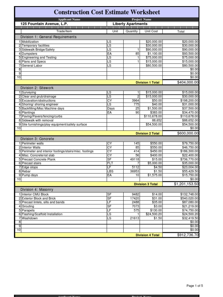 Construction Cost Estimate Worksheet | Precast Concrete | Hvac