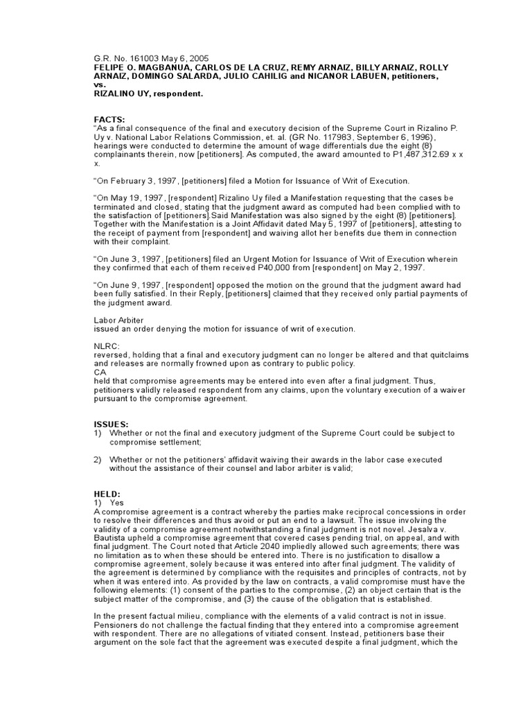 Magbanua Vs Uy Case Digest Pdf Arbitration Judgment Law