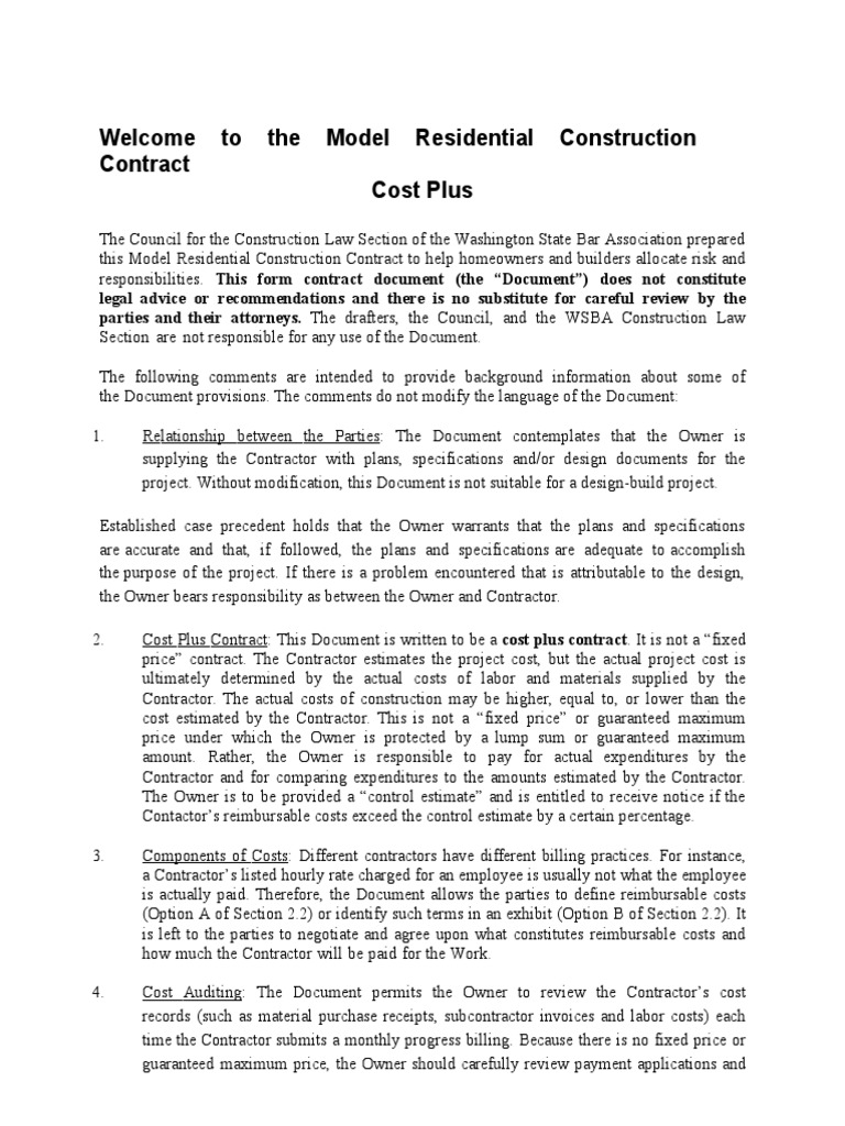 Model Residential Construction Contract Cost Plus Version 910