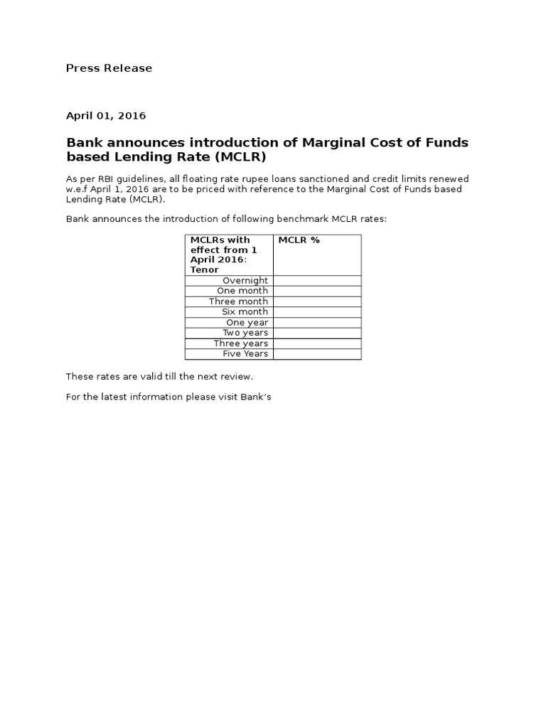 Bank Announces Introduction of Marginal Cost of Funds Based Lending ...