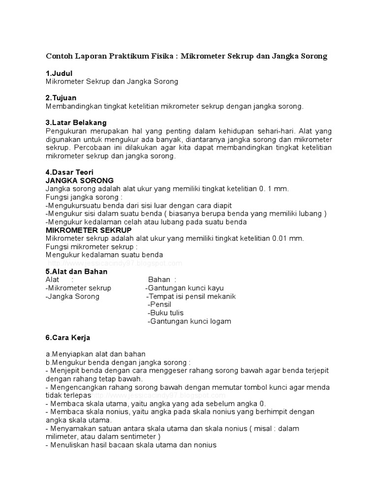 Contoh Laporan Praktikum Jangka Sorong Dan Mikrometer Sekrup Kumpulan Contoh Laporan