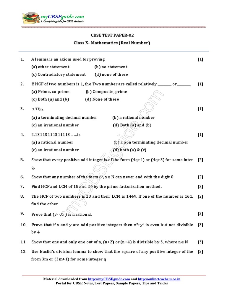 Class X Real Numbers Test Paper | PDF
