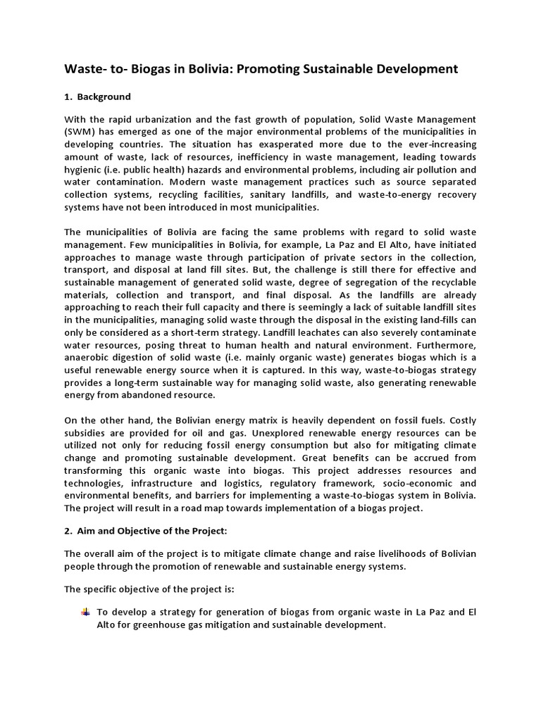 Project Summary Waste-To-biogas in Bolivia | PDF | Waste Management ...
