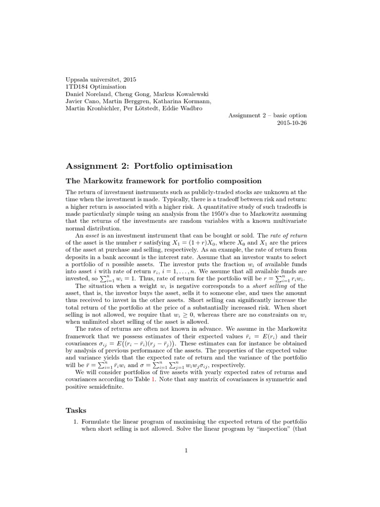 Assignment 2: Portfolio Optimisation: The Markowitz Framework For ...