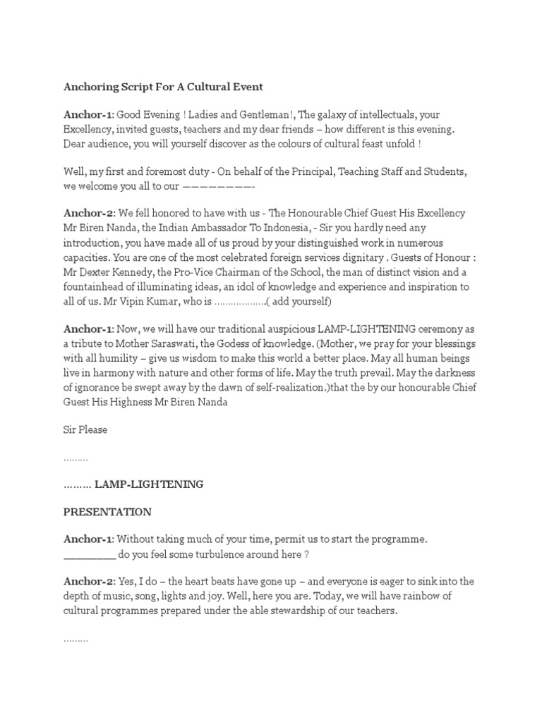 Cultural Event Anchoring Script | PDF | Dances | Entertainment (General)