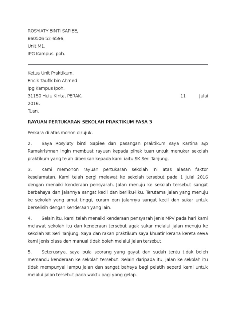 Surat Rayuan Pertukaran Sekolah Praktikum Pdf
