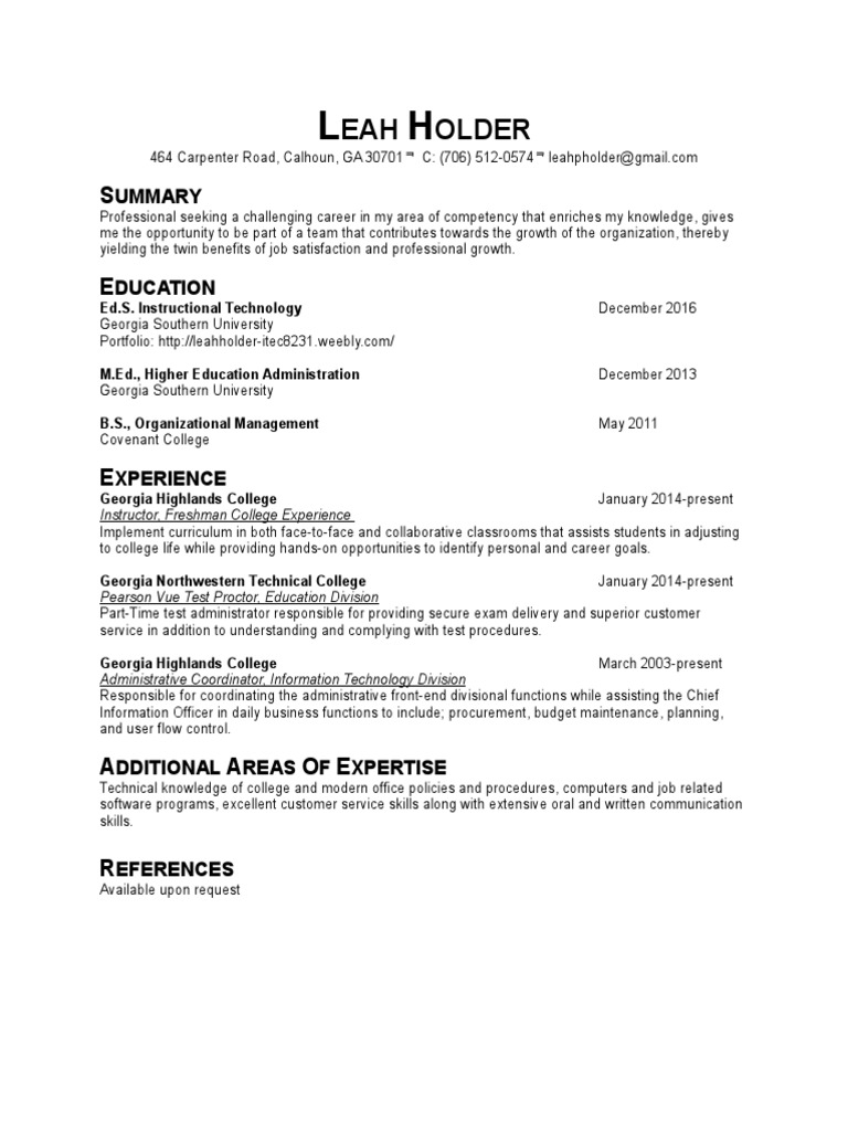 Leah Holder: Education & Experience Summary | PDF