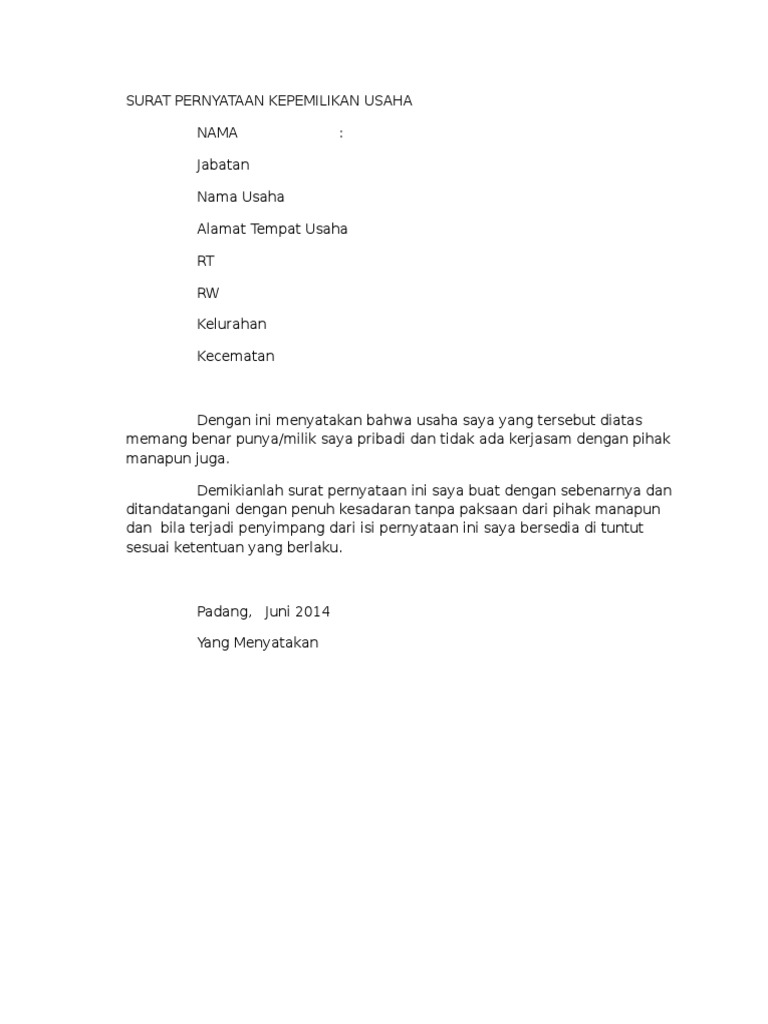 Surat Pernyataan Kepemilikan Usaha