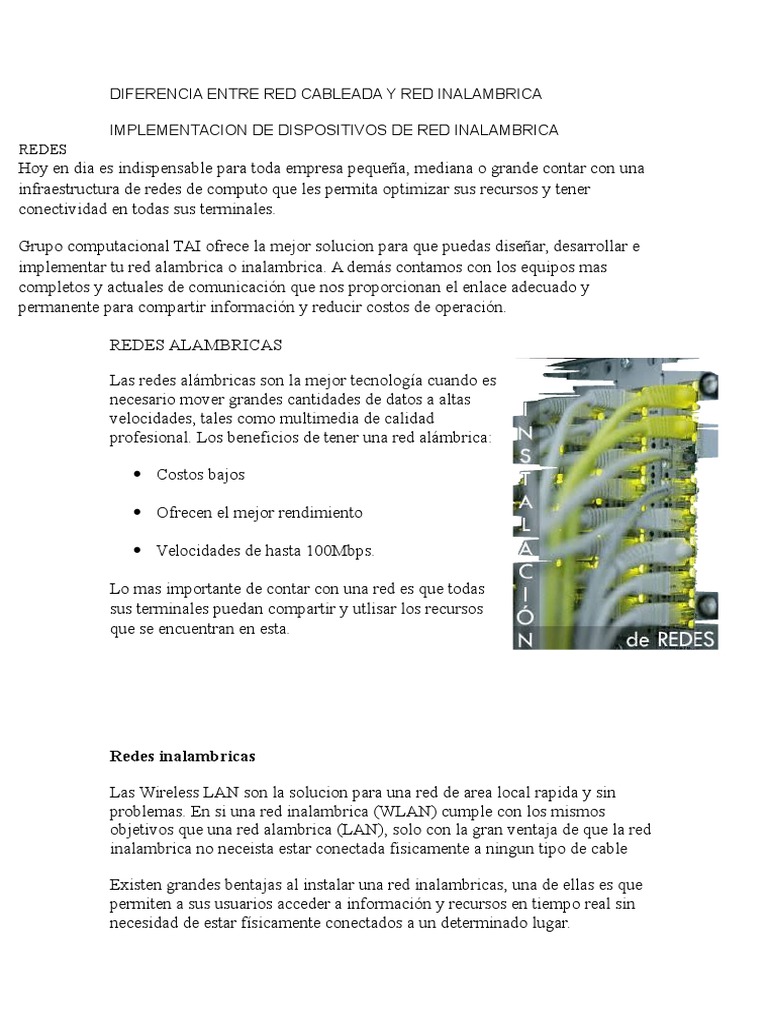 DIFERENCIA ENTRE RED CABLEADA Y RED INALAMBRICA Max | PDF | Red privada ...
