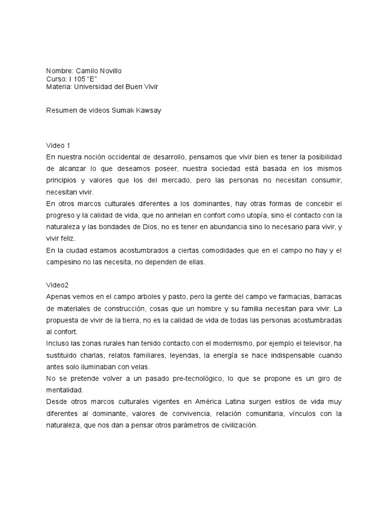 Resumen Videos Sumak Kawsay PDF