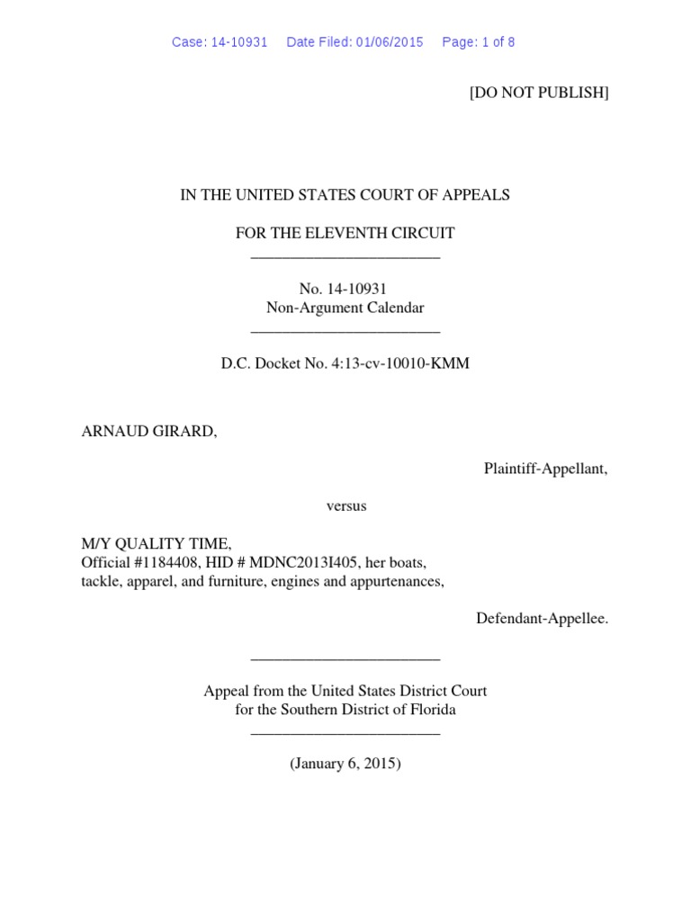Arnaud Girard v M/Y Quality Time 11th Cir (2015) PDF Marine