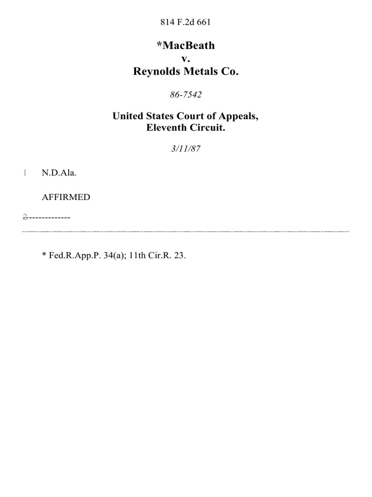 MacBeath v. Reynolds Metals Co, 814 F.2d 661, 11th Cir. (1987) PDF