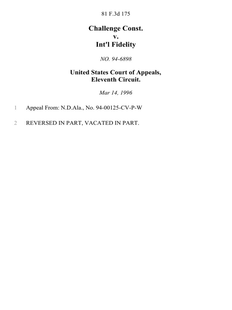 Challenge Const. v. Int'l Fidelity, 81 F.3d 175, 11th Cir. (1996) | PDF