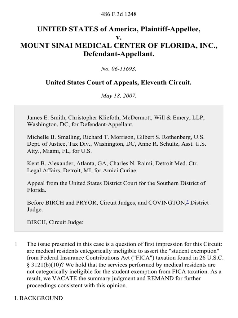 United States v. Mount Sinai Medical Center, 486 F.3d 1248
