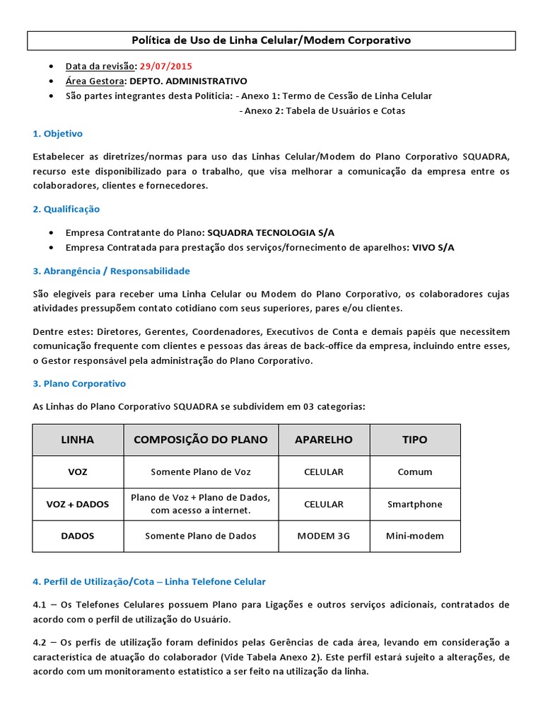 Politica de Celular Corporativo | Celulares | Tempo