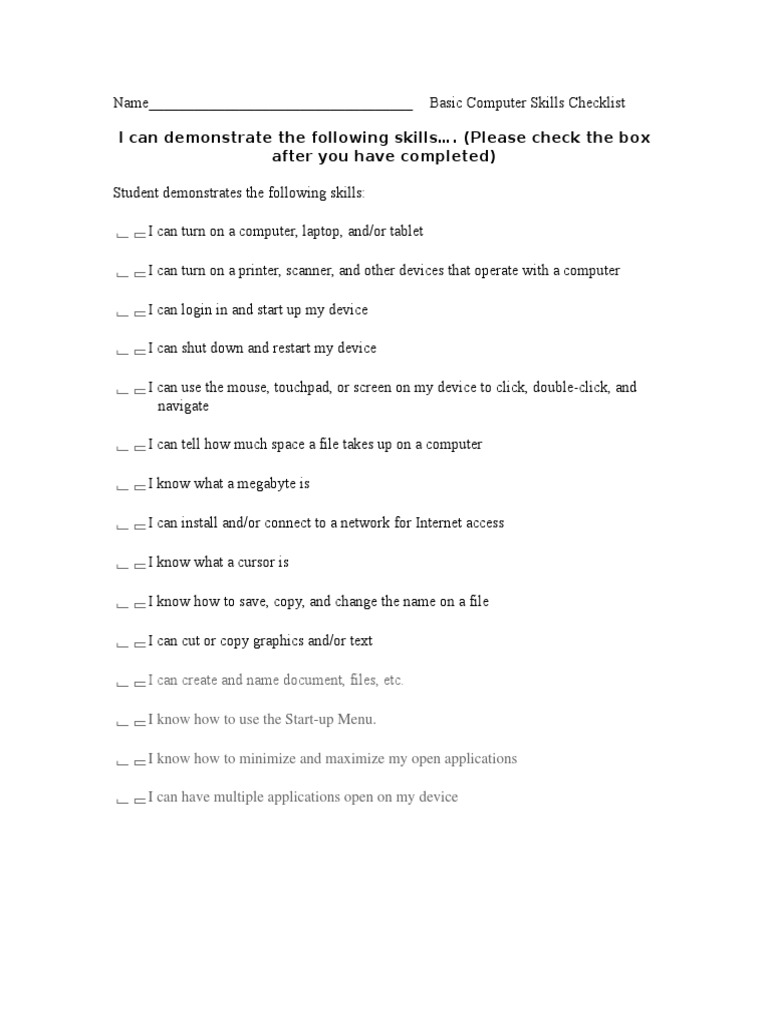Basic Computer Skills Checklist | PDF