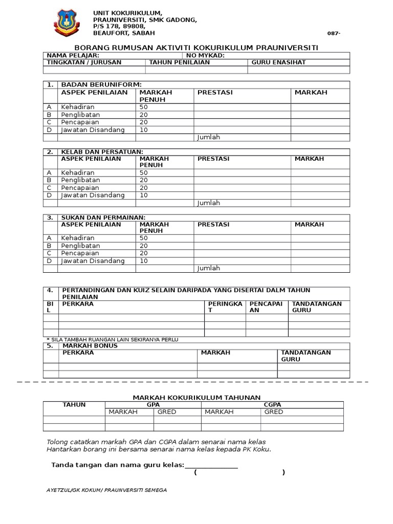 Borang Rumusan Aktiviti Kokurikulum Prauniversiti Pdf