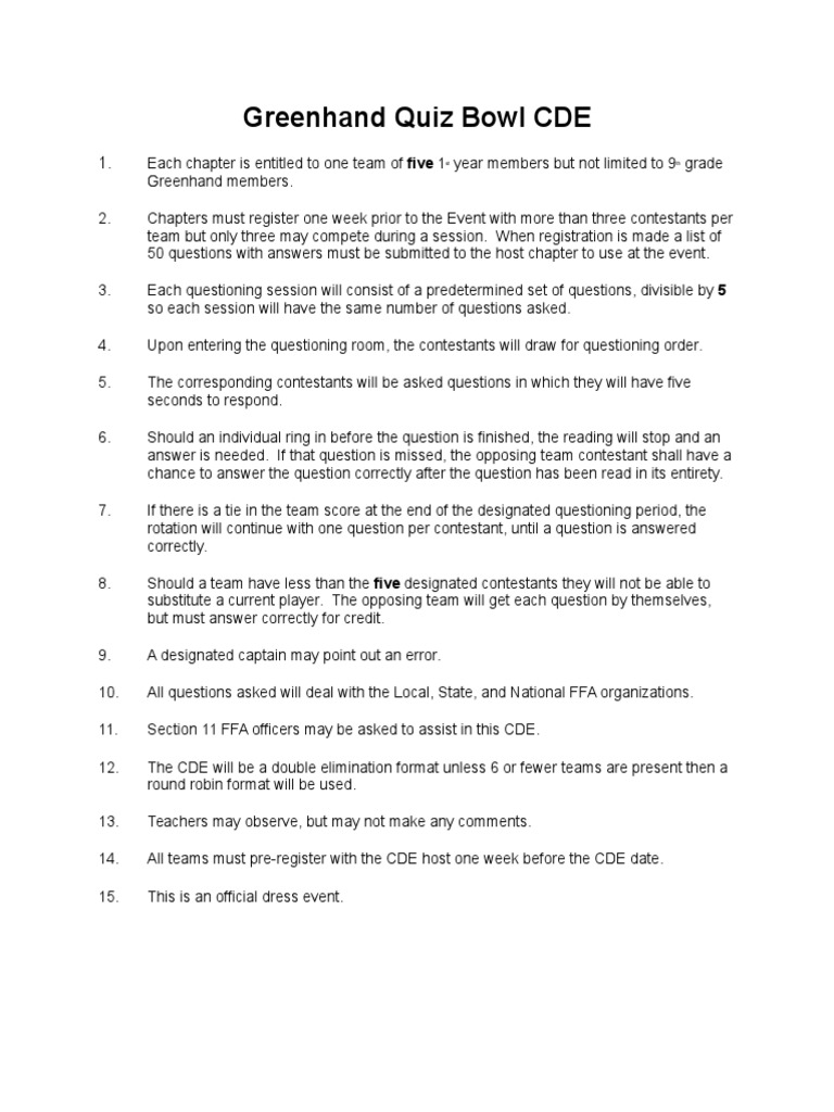 Greenhand Quiz Bowl Cde PDF Leisure Sports
