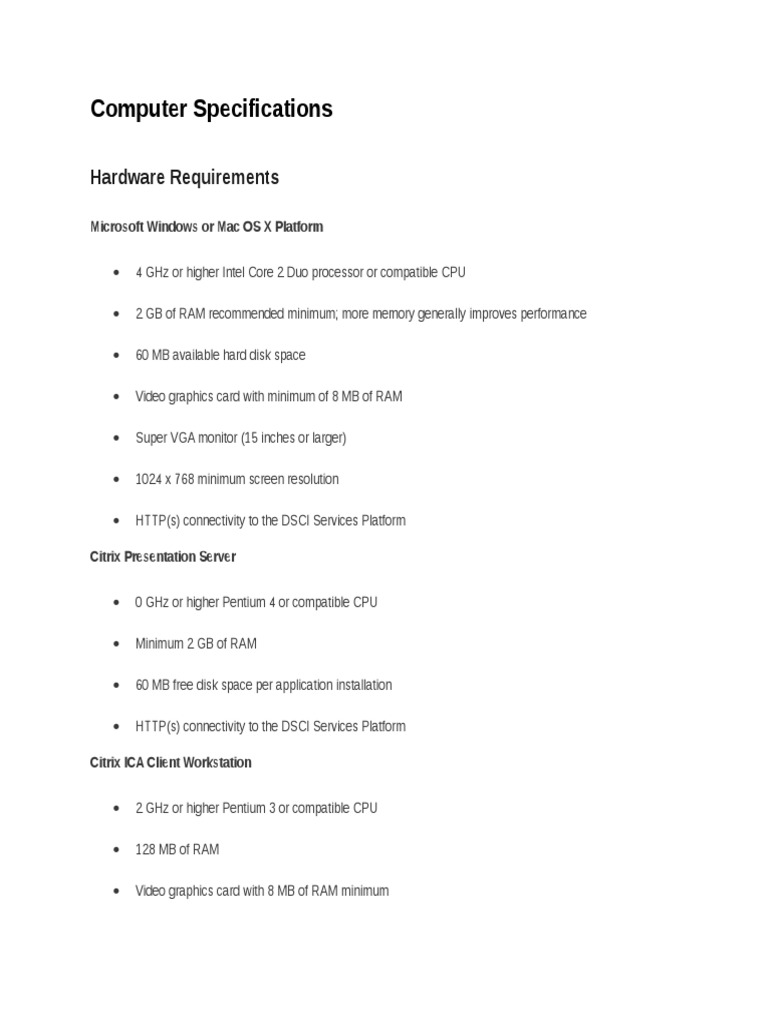 Computer Specifications Hardware Requirements PDF Microsoft