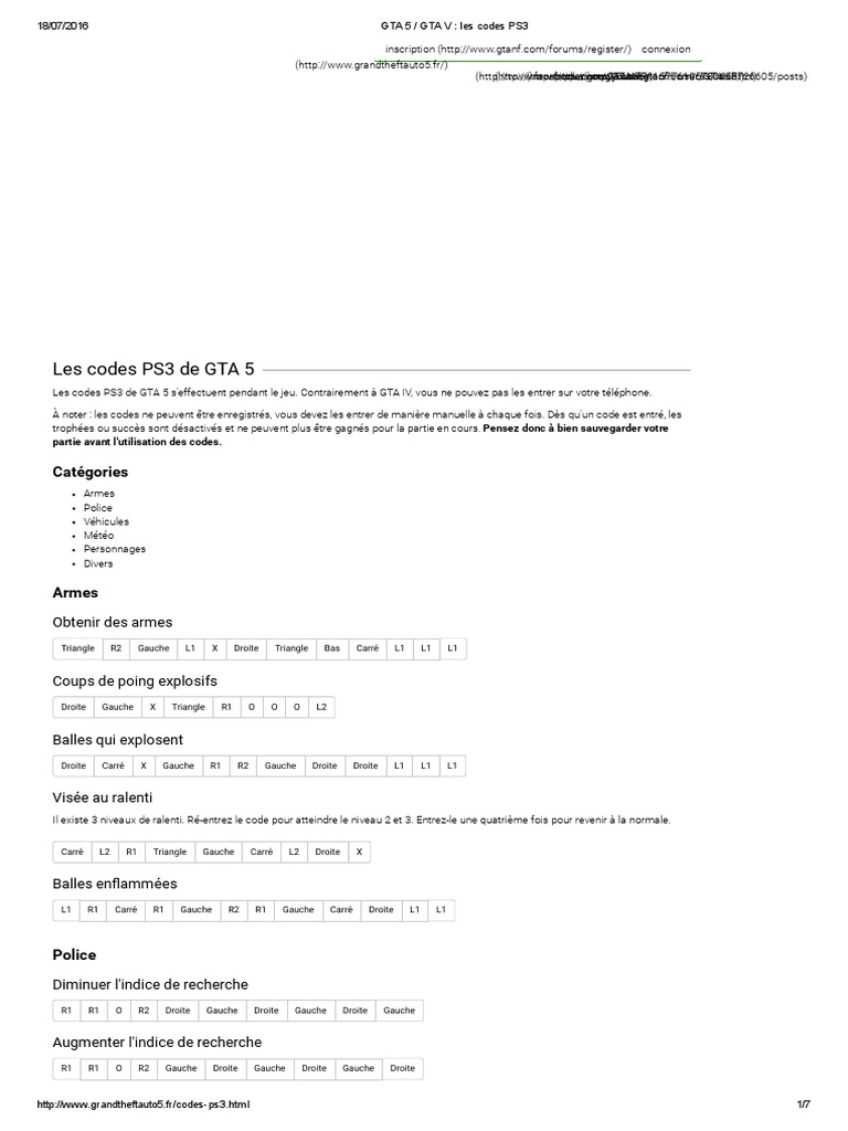 Code Triche Gta 5 Ps4 Arme Gta 5 - Gta V - Les Codes Ps3 | PDF | Playstation 3 | Vol