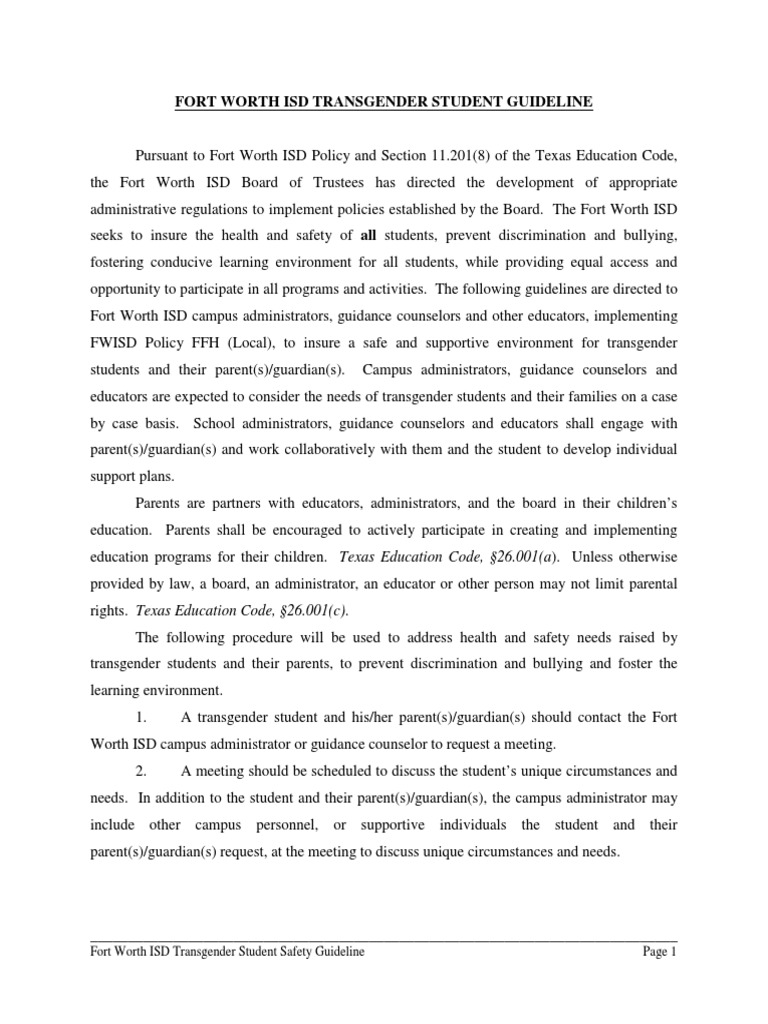 FWISD Transgender Student Guidelines | PDF | School Counselor | Transgender