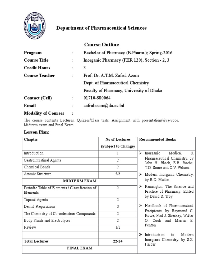 Department of Pharmaceutical Sciences Course Outline: Program Course ...