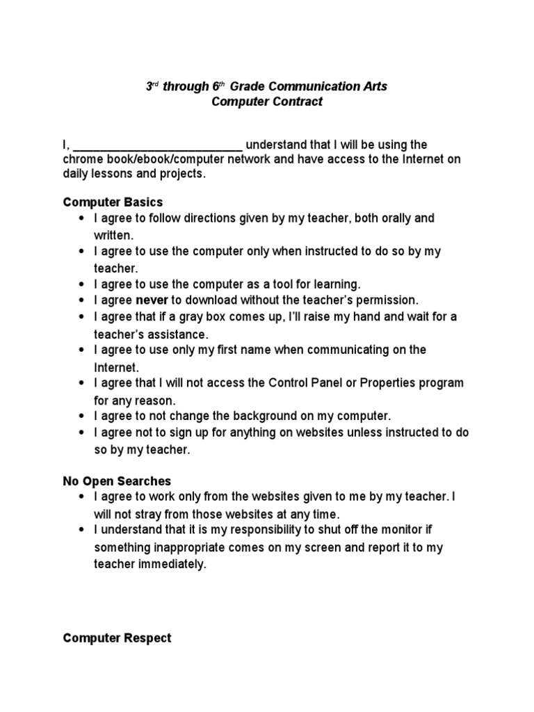 3rd-6th Grade Computer Use Agreement | PDF | Internet | Computing
