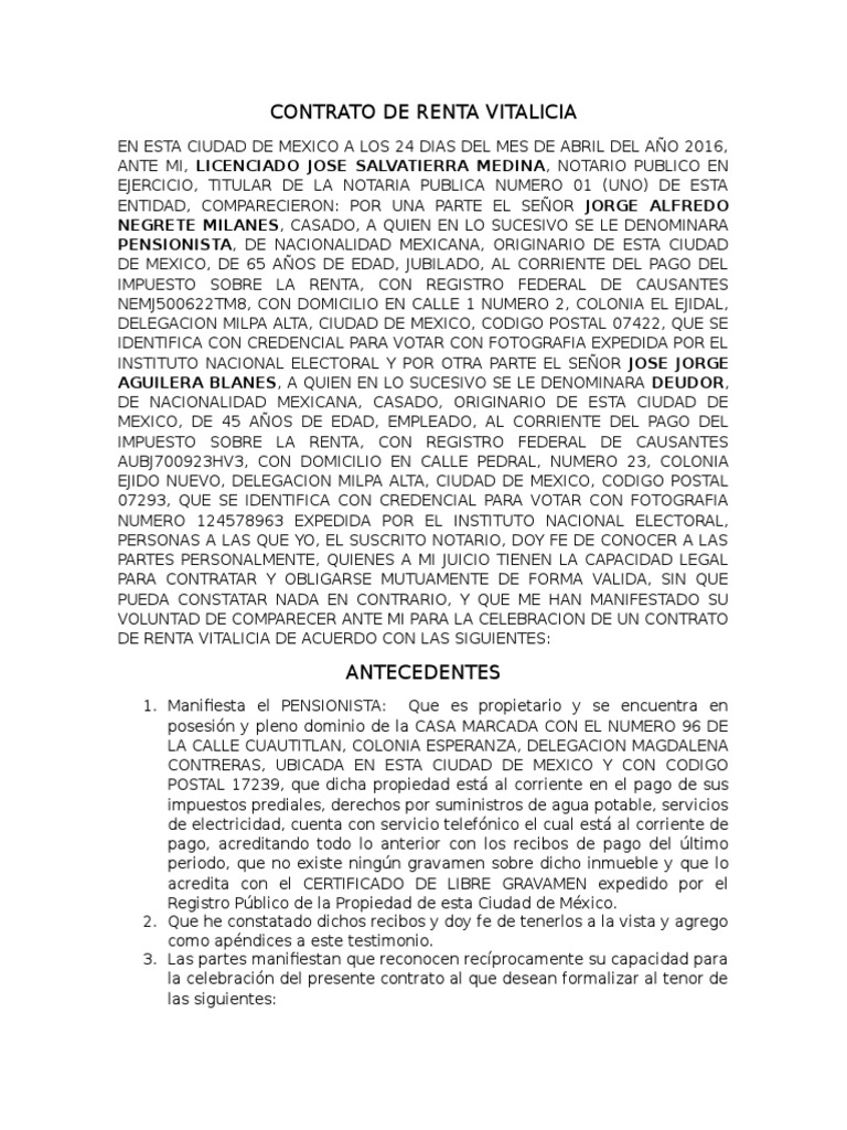 Modelo de Contrato de Renta Vitalicia Pagos Propiedad
