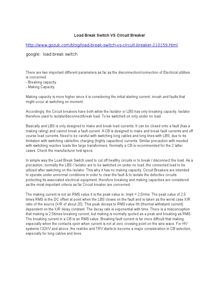 Load Break Switch VS Circuit Breaker PDF Switch Electrical Network